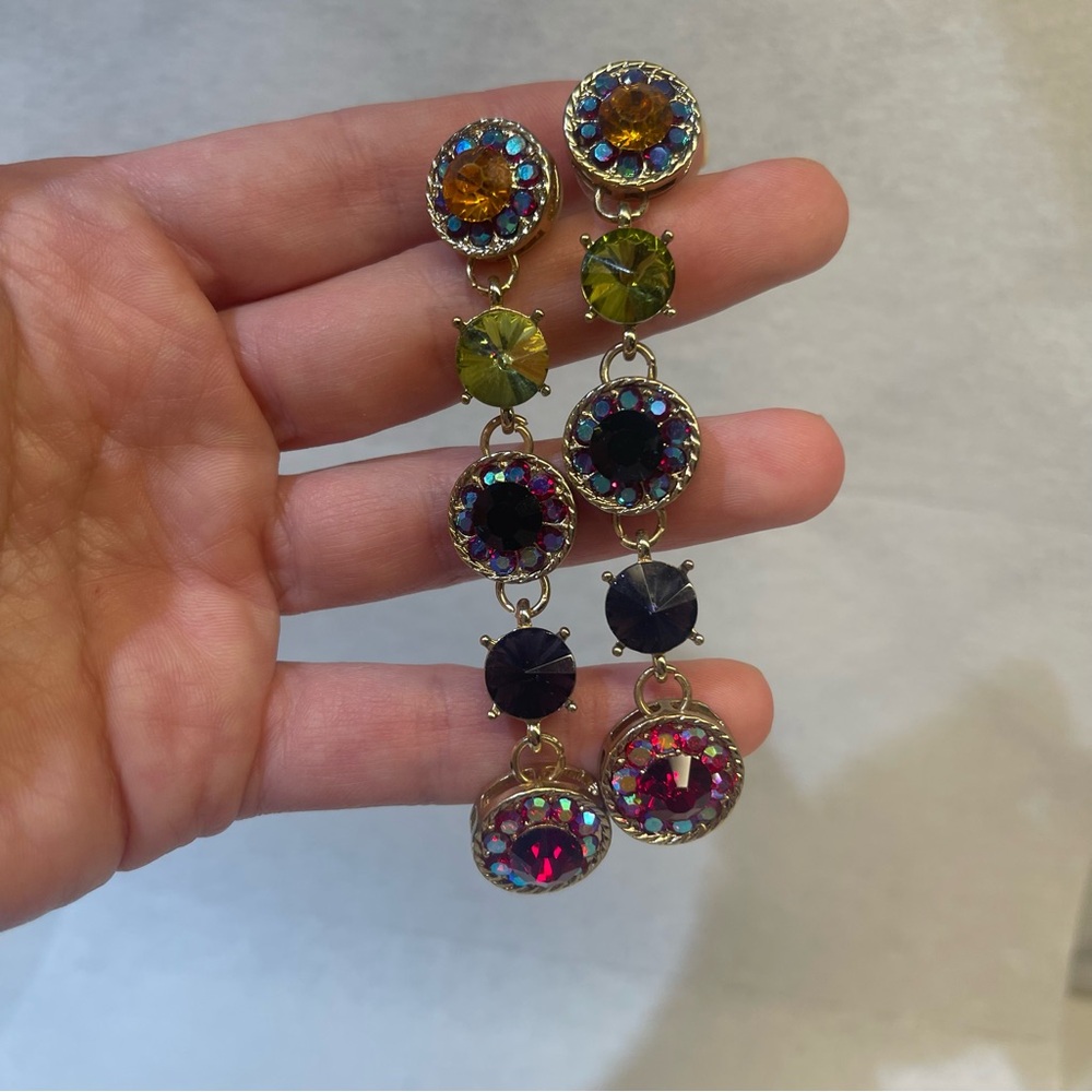 Colorful Crystal Drop Earrings | Gold Tone Statement Dangle | Vintage Glam - Picture 3 of 5